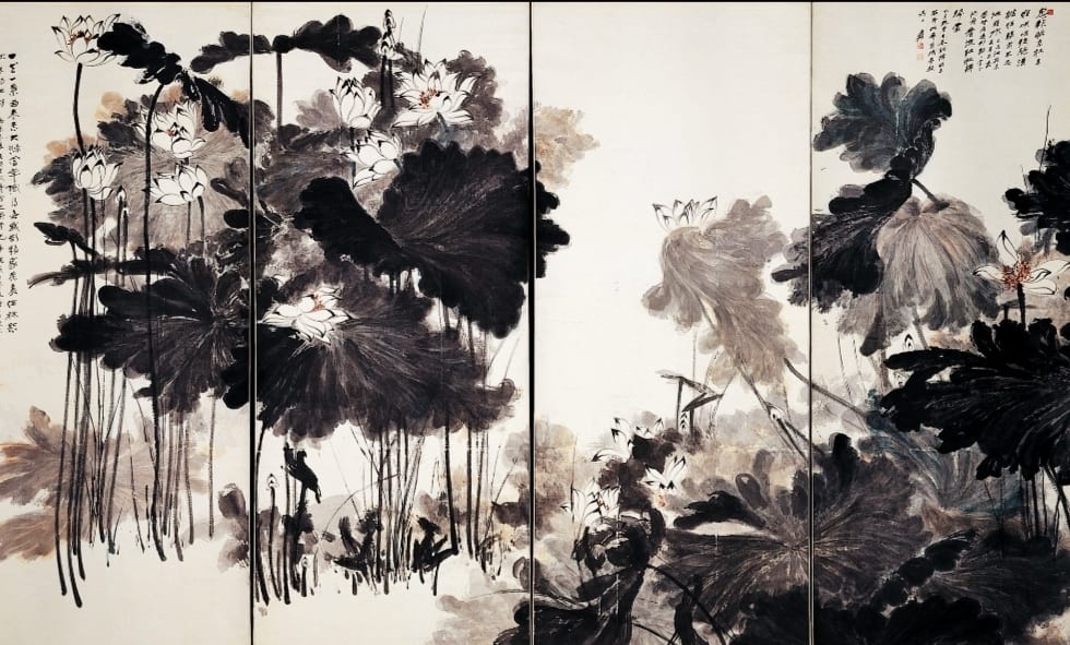 張大千作品「墨荷四聯屏」,展現氣勢恢弘,畫面遼闊的宏觀視野。(圖/史博館 提供)