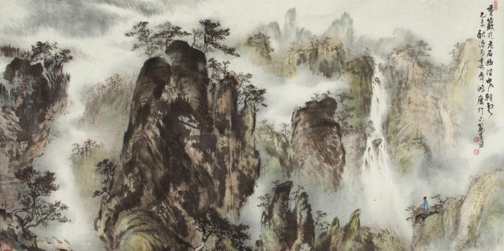 陳麗雀老師的水墨畫作品「雲樹流泉」,呈現天人合一的意境之美。