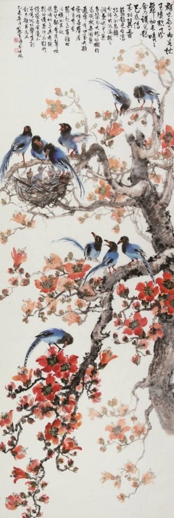 「群鵲鬧春」作品的筆觸,彰顯陳麗雀老師紮實的水墨根基。