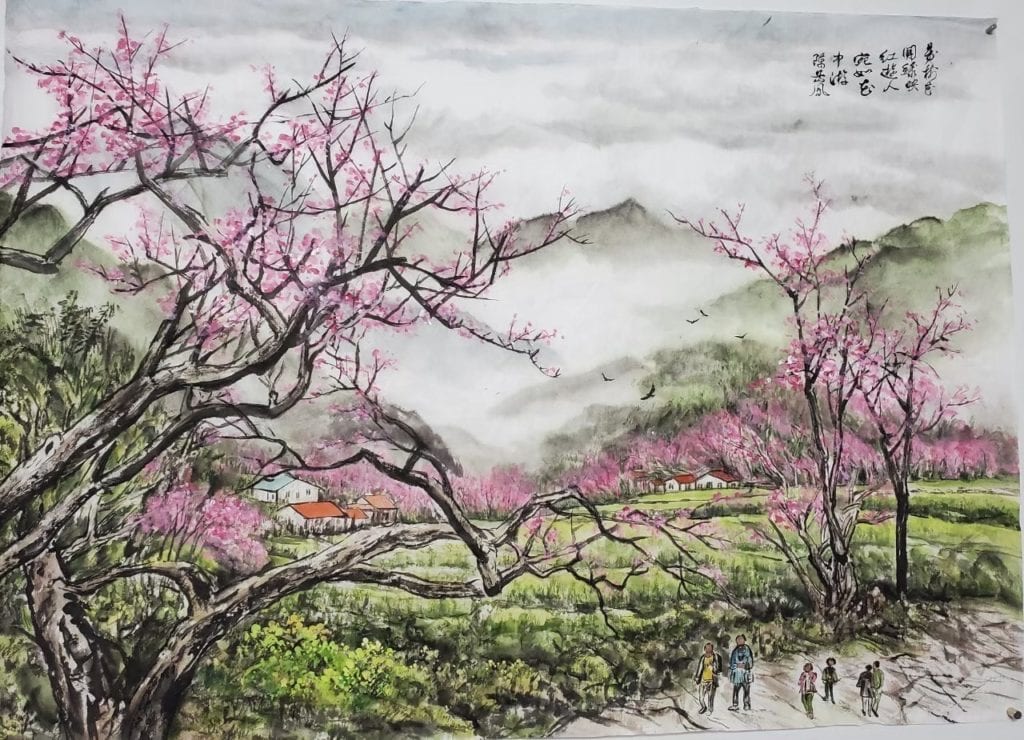 陳岳鳯老師的作品「春風」，藉由梨花盛開寄情，祈禱疫情隨風而逝，涵義優美。