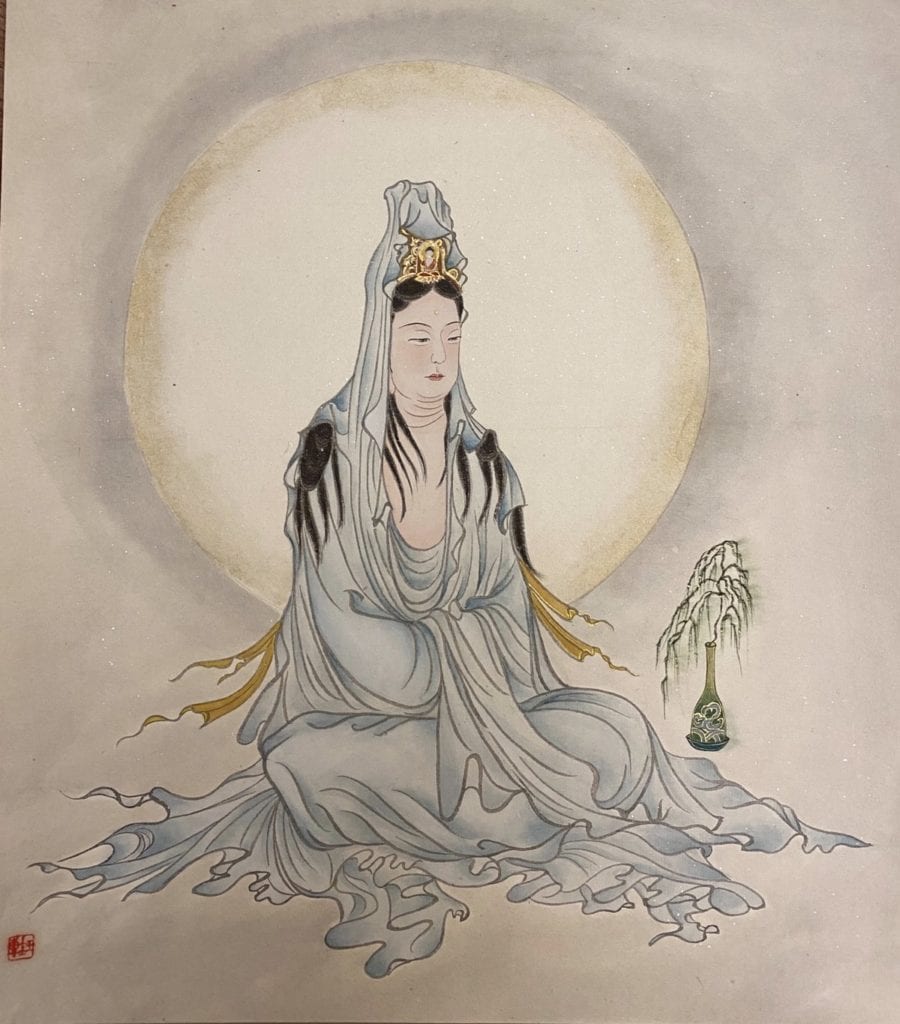 黃鈺惠老師繪製「楊柳觀音」佛像畫作品,意喻觀世音菩薩為眾生驅除苦難消災除病之祈念。(圖/黃鈺惠 提供)