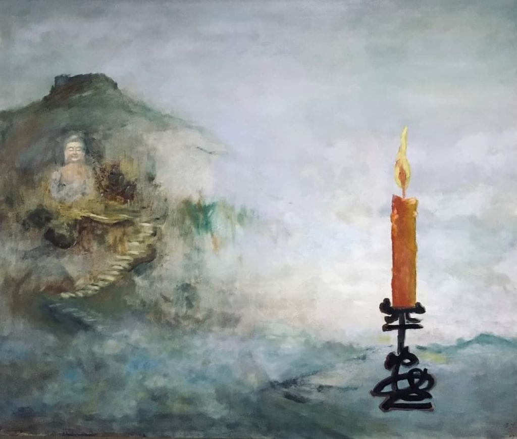 劉玉燕老師的油畫作品「平安」,祈求與全球人民共渡疫情難關,讓病毒遠離。(圖/劉玉燕 提供)