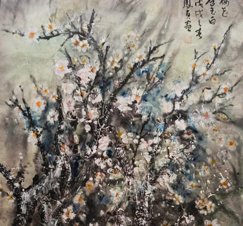 羅鳯貞老師的作品「梅花」，鼓勵全民在疫情期間能堅忍不拔，像梅花般的淬鍊自我，愈挫愈勇。