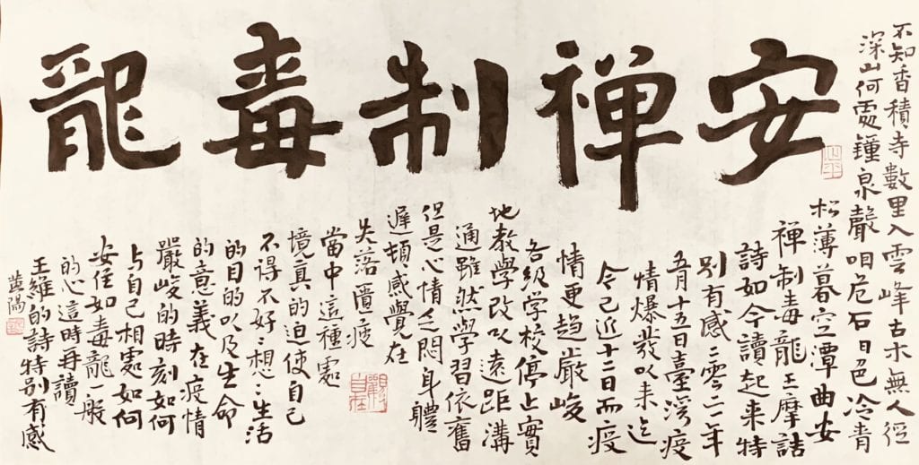 黃智陽院長以書體王維「安憚制毒龍」詩來對應現況頗有所感,並強調生活的目的與生命意義的自處深義,頗能發人深省。(圖/黃智陽 提供)