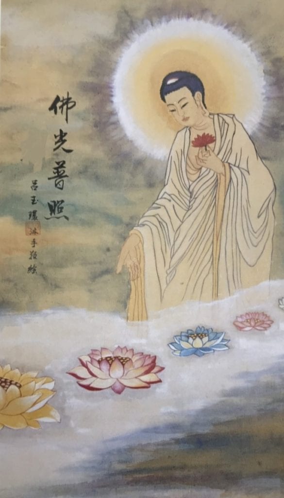 呂玉環老師的繪製佛像畫「阿彌陀佛」作品,有著祝福全民無限吉祥之兆。(圖/呂玉環 提供)