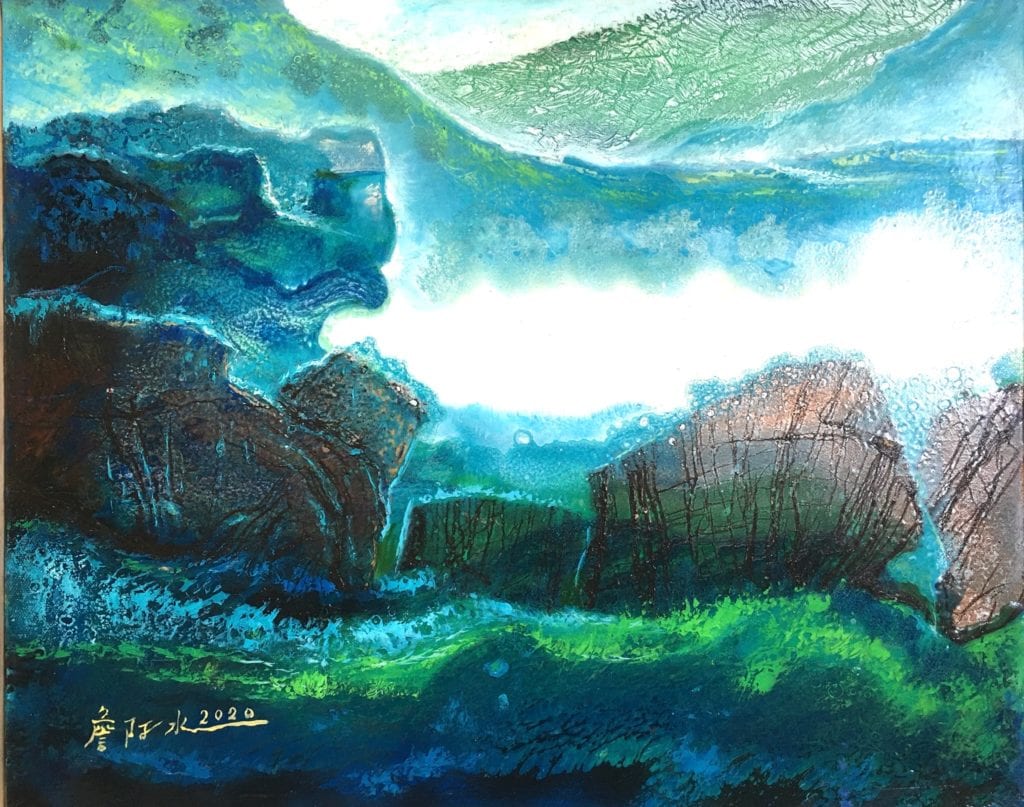 當代藝術家詹阿水老師以「藍色山影」作品,藉藝術生活化的力量來力挺防疫第一線人員,展現豐沛大愛精神。(圖/詹阿水 提供)