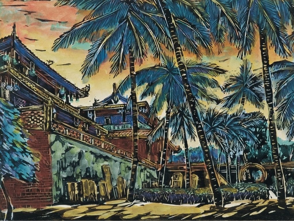 林智信的作品「赤崁夕照(赤崁樓)」,刻畫出不朽的城市風華。(圖/史博館 提供)