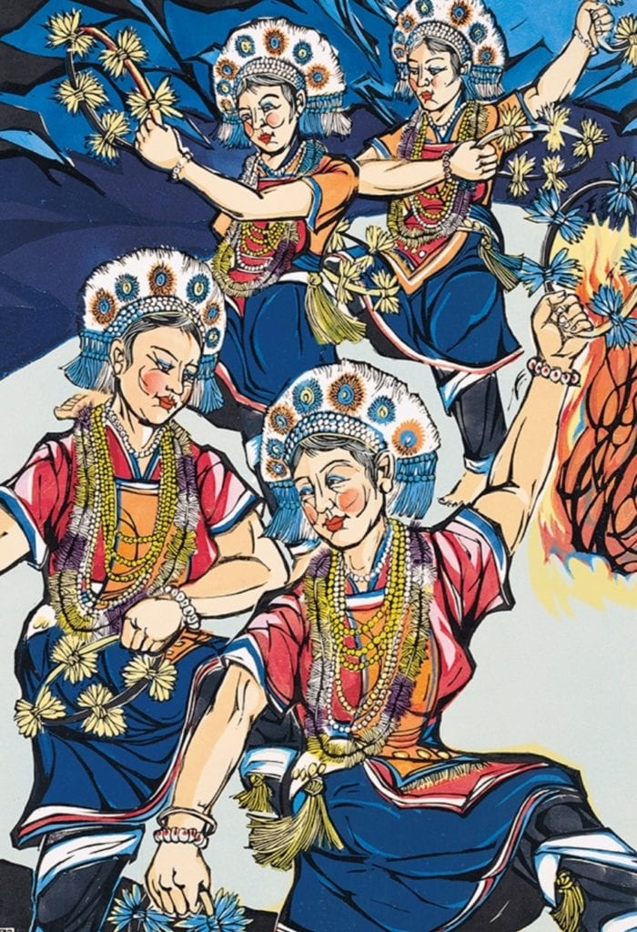 林智信的作品「台灣阿美族舞」,有著炫麗繽紛的色彩描繪。(圖/史博館 提供)