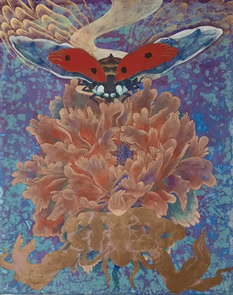 ▲ 《一瓢杜丹》,膠彩、壓克力、麻布,50x40cm 2020(圖/郎亞玲攝影)