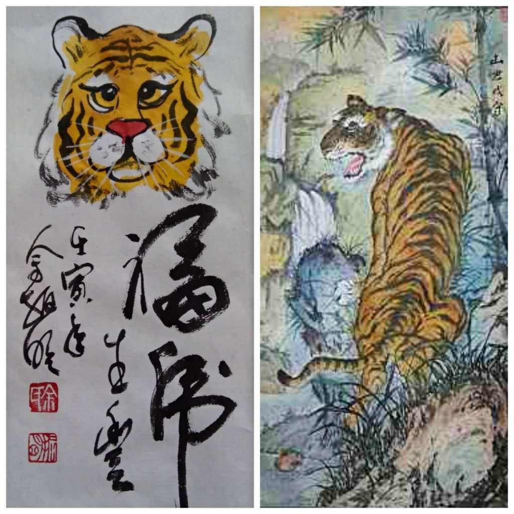 余振明老師的作品「福虎生豐」與張合斌老師的作品「山頭戍守」,皆在虎的形態與神韻中有著貼切的呈現。(圖/余振明 張合斌 提供)