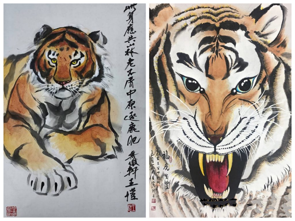王愷老師的畫虎有其深厚畫技功力的展現(左)與包容老師對虎型的深刻描繪,更有一番聆賞的雅趣。(圖/王愷 包容 提供)