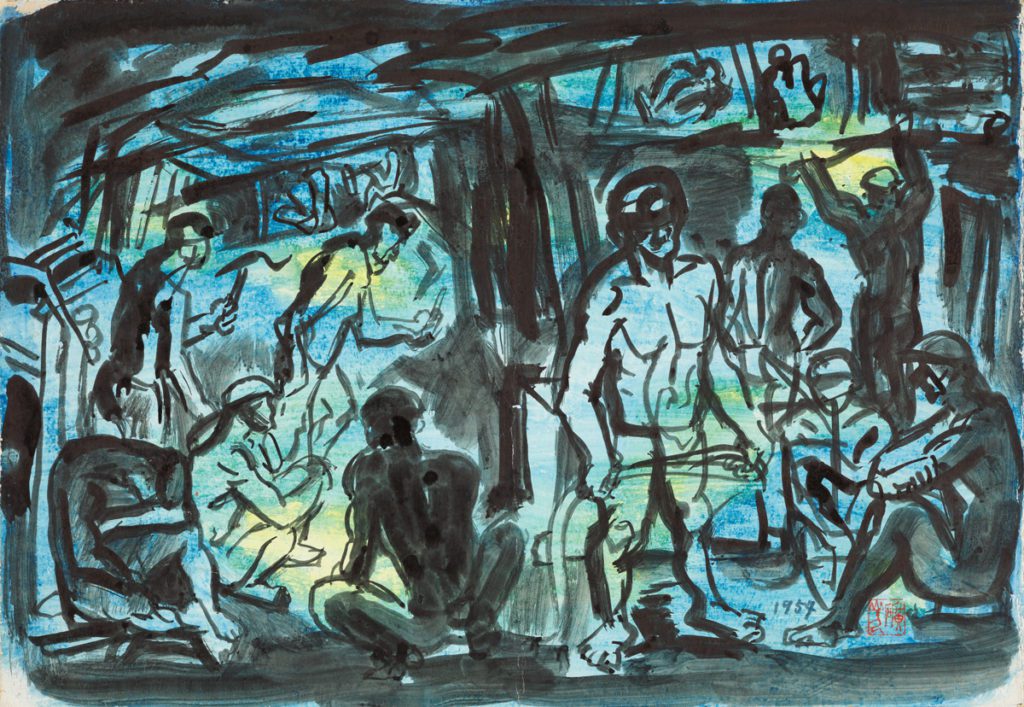 洪瑞麟,《坑內工作》,1954,水彩、紙, 27.4×39.2 公分,私人收藏。圖像由臺北市立美術館及家屬洪鈞雄提供。