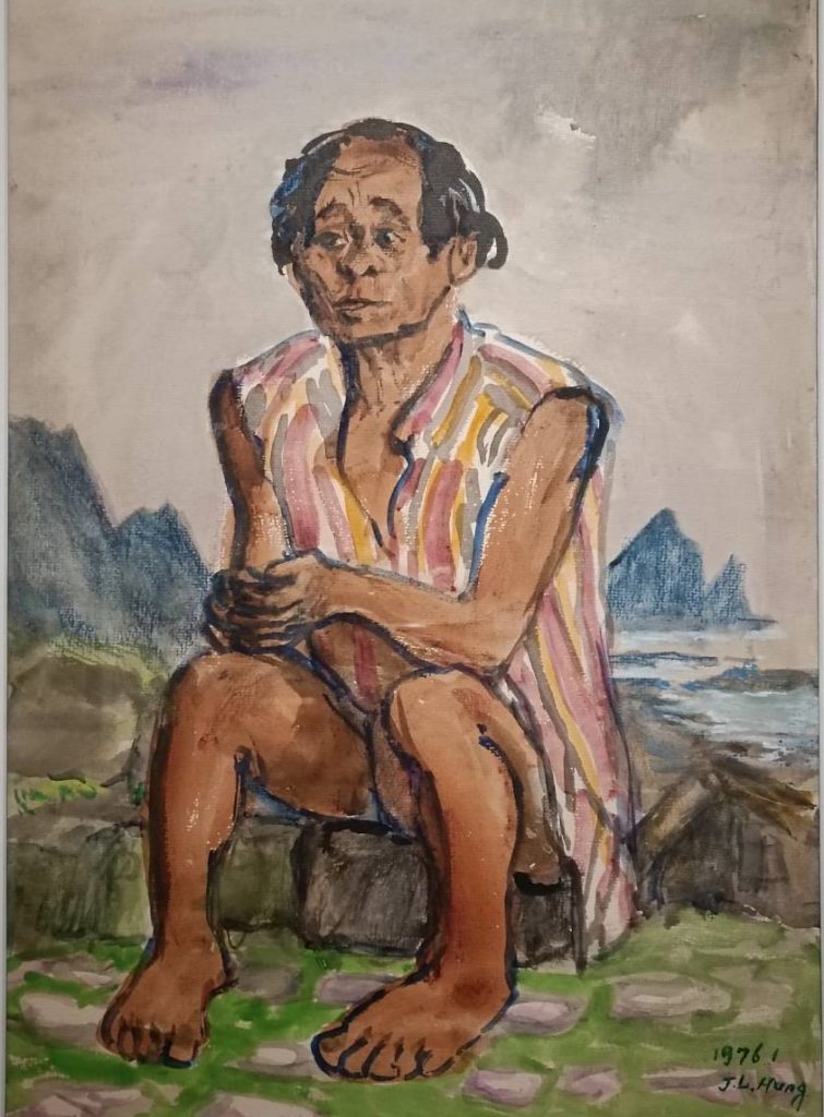洪瑞麟〈蘭嶼原住民〉,1976,水彩、粉彩、紙。(記者 陳安婷/攝)