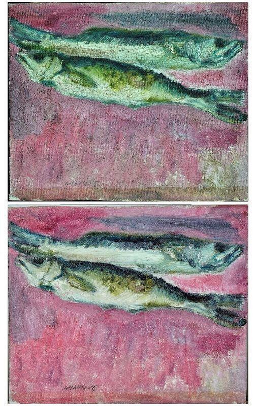 張萬傳老師作品「魚」的修復前後對照,有著明顯的反差效果,為藝術藏品永續性展露正面效益。(記者 辛澎祥/攝)