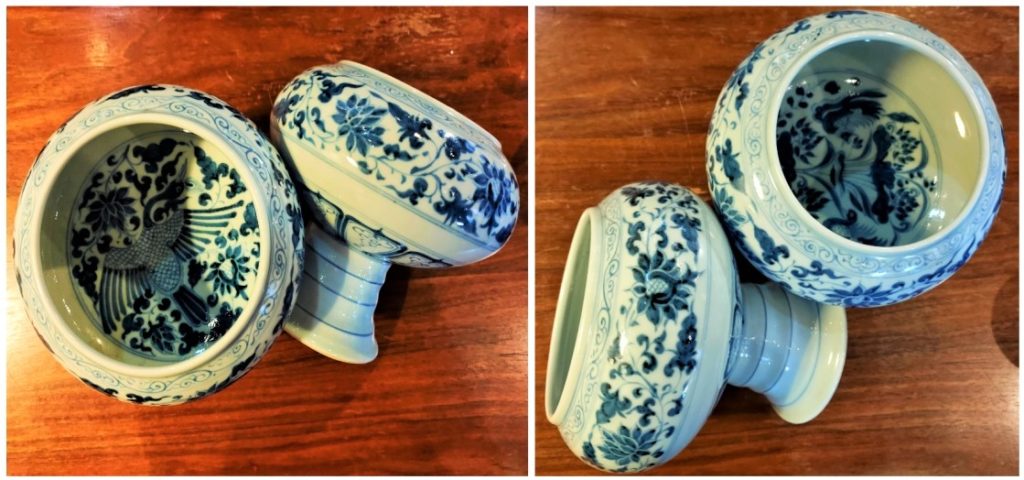 飛鳯纏枝紋罐(右)與蓮池水禽牡丹唐草紋罐(左),整體呈現罐型的雍榮華貴之美。(記者 辛澎祥/攝)