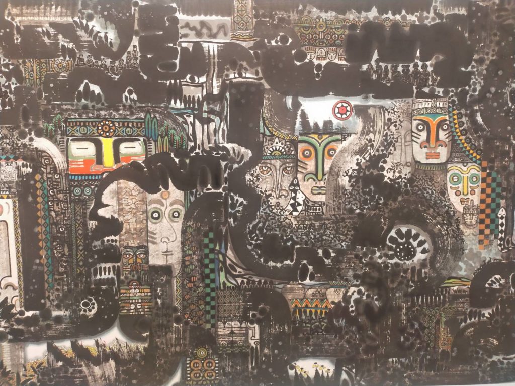 作品「山林的呼喚」有著對本土思潮的觀察體悟,呈現作品在色墨融合的豐沛視野。(記者 辛澎祥/攝)