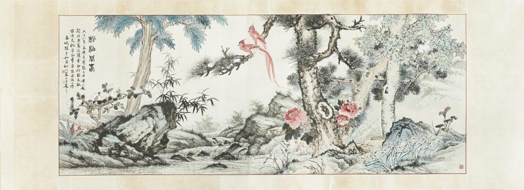 〈松柏同春〉邀請黃君璧、張大千等12位渡臺前輩書畫家,於民國68年完成合繪之作品,具有藝術性與文獻性的雙重價值。
