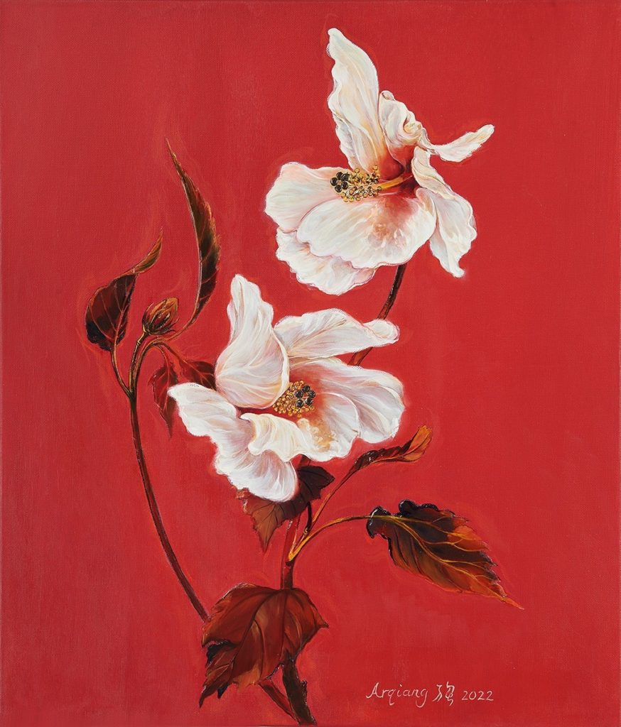「疫情戰爭下的期望-胡志強創作展」展出作品《白槿花》