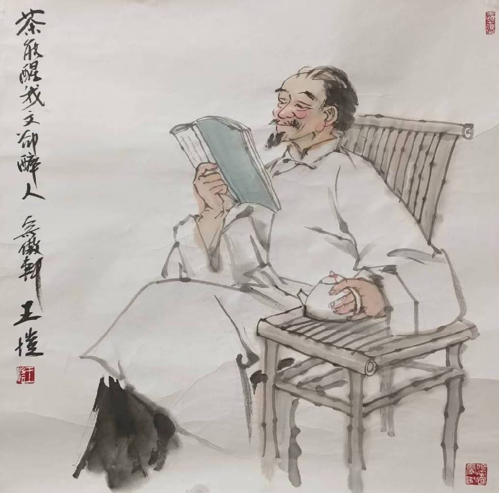 ▲王愷的畫作「品茶讀書圖」。以茶文化相關的書畫來營造品茶吃茶空間的清雅情境。(圖/林淑珠 提供)