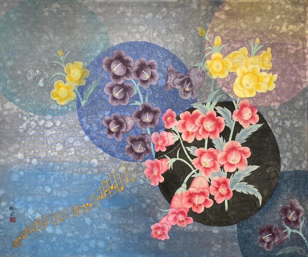 ▲膠彩畫家羅維欽展出的作品「春風」,極具視覺上的質感。(記者 辛澎祥/攝)