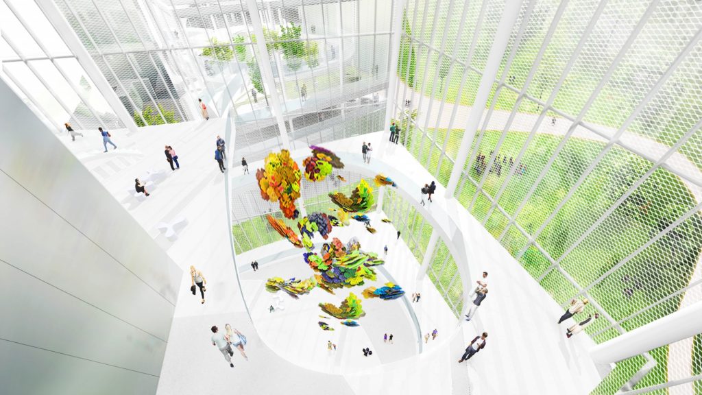 在普立茲克建築獎得主-妹島和世設計下,白色建築量體的臺中綠美圖,呈現空間的通透與流動感。圖為美術館大廳挑高模擬圖。(圖/文化局提供)