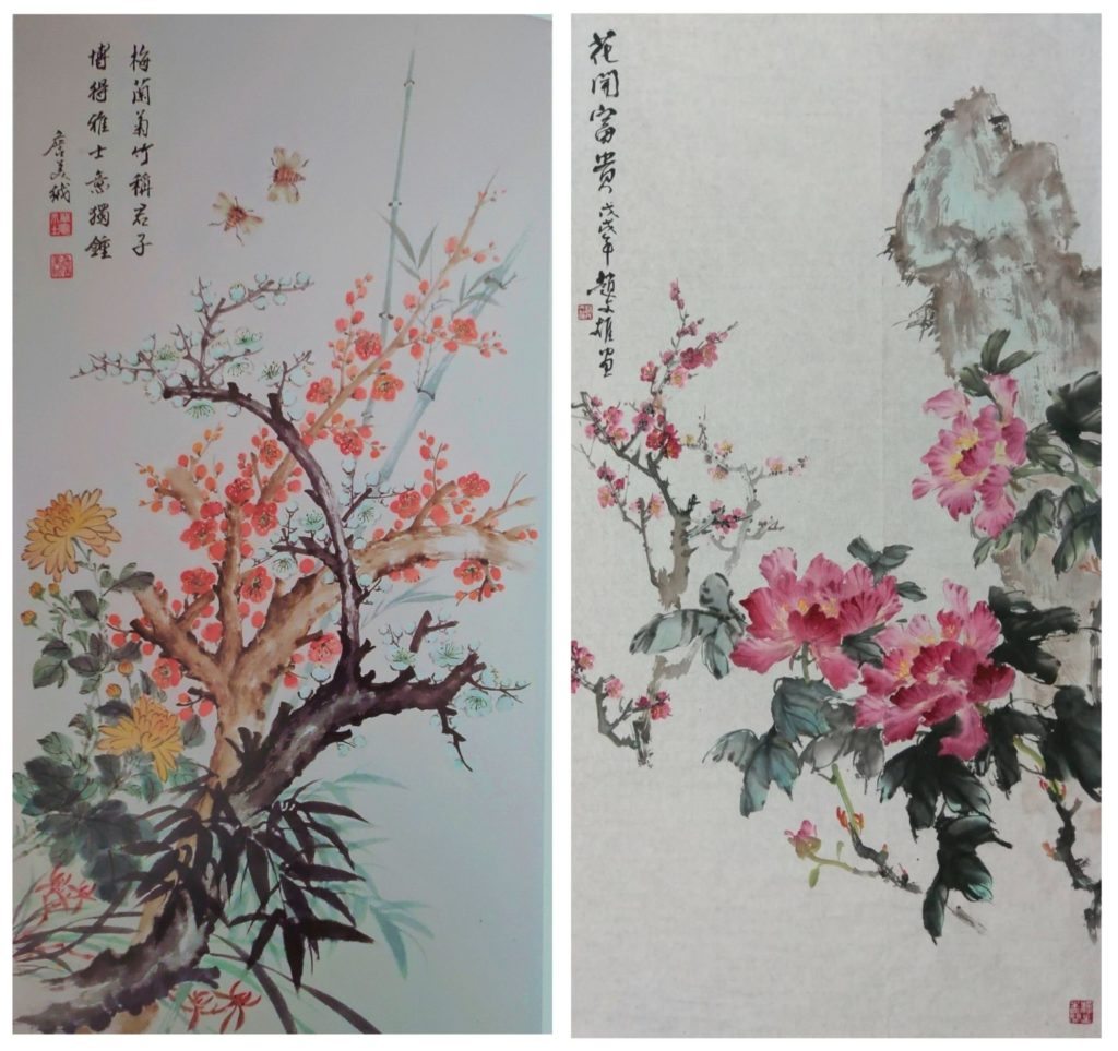 ▲詹美絨的梅蘭竹菊作品（左）與趙文雄的梅花牡丹畫作，呈現梅景意境的天地圓絨之氣。（圖/詹美絨 趙文雄 提供）