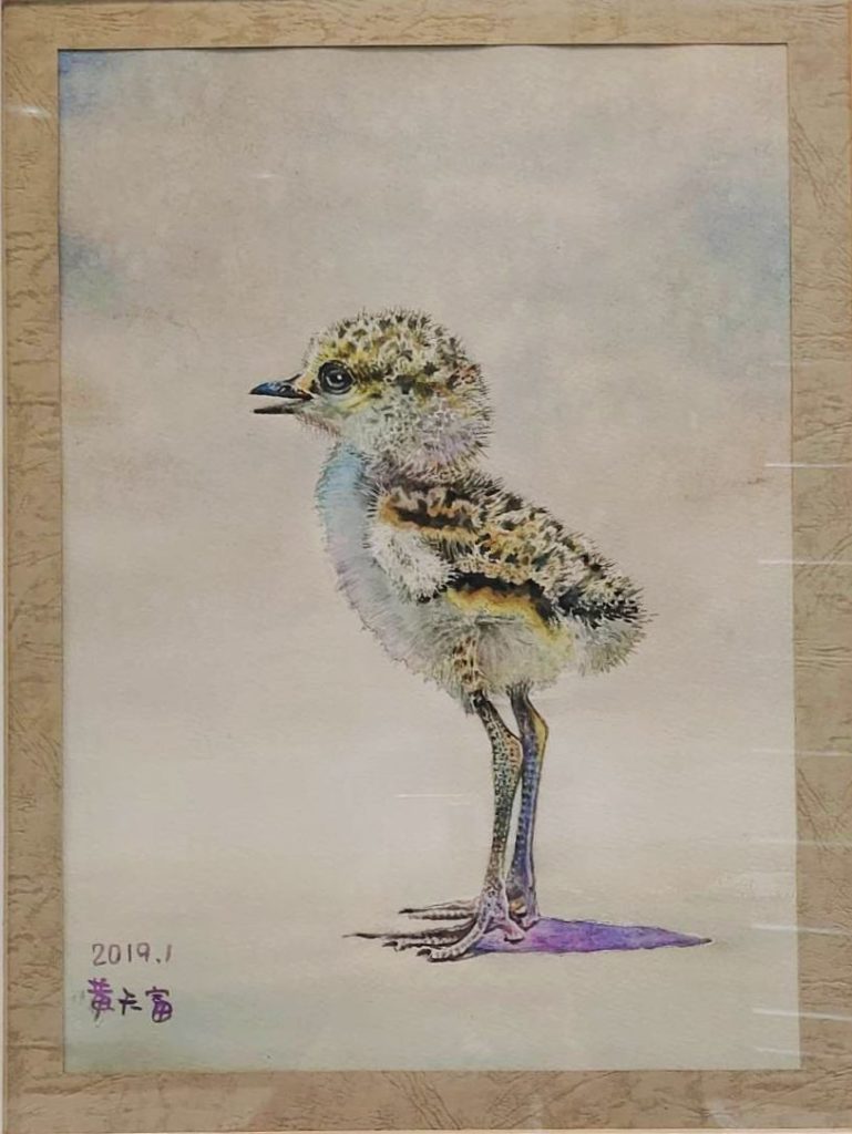 ▲黃天富水彩畫個展,作品「孤雛」讓觀者十分喜愛。(記者 張弘光/攝)