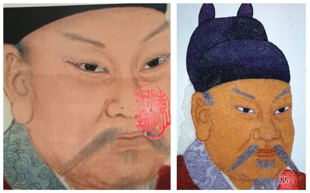 ▲陳品諠在錢武肅王寶石畫像的眼睛製作部份(左),以及寶石畫像的臉部製作過程。(圖/陳品諠 提供)