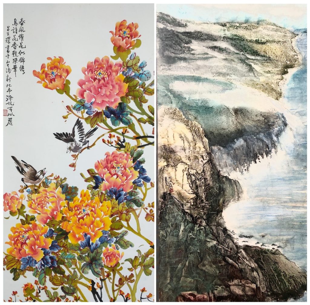 ▲水墨畫家呂玉環(左)的花鳥與林士森的海邊景物,令人看了為之驚艷無比。(圖/詹佳綺 攝)