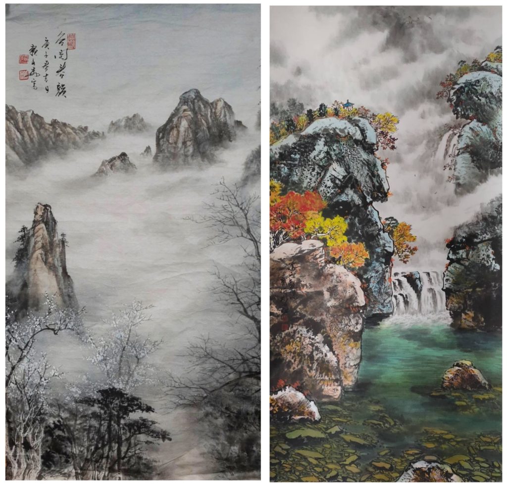 ▲水墨畫家賴文森(左)與廖仁彬老師的山水寄情創作,令人神往不已。(圖/詹佳綺 攝)
