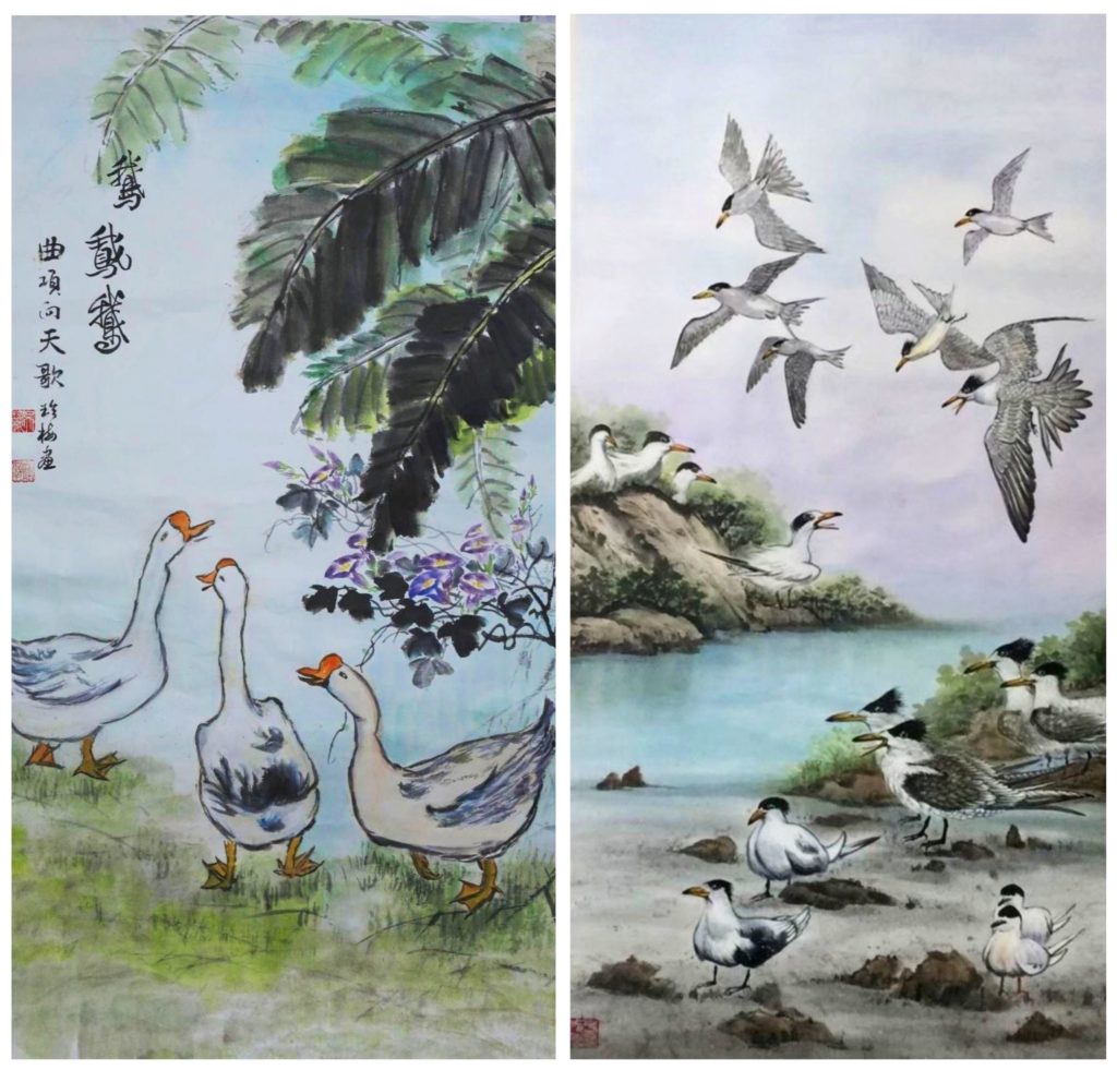 ▲吳珍梅老師(左)與陳月里老師的禽鳥和鳴,讓觀者心境舒暢。(圖/詹佳綺 攝)