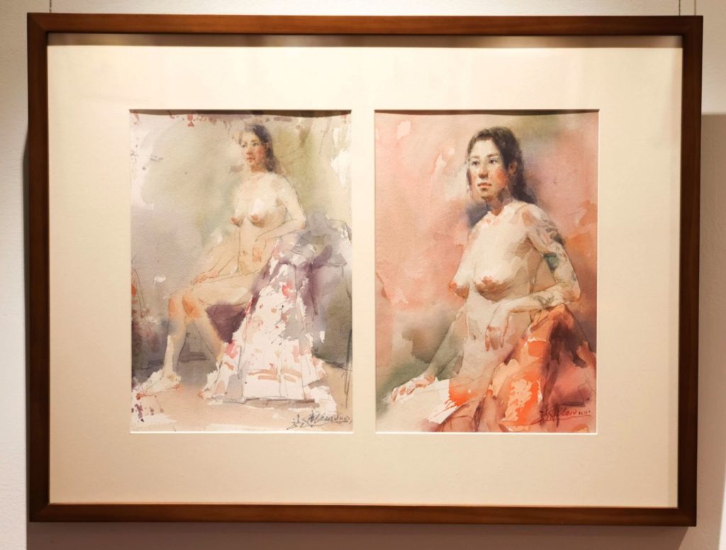 ▲黃進龍教授的作品「人題習作」,展現水彩豐沛的筆觸與美感。(記者 辛澎祥/攝)