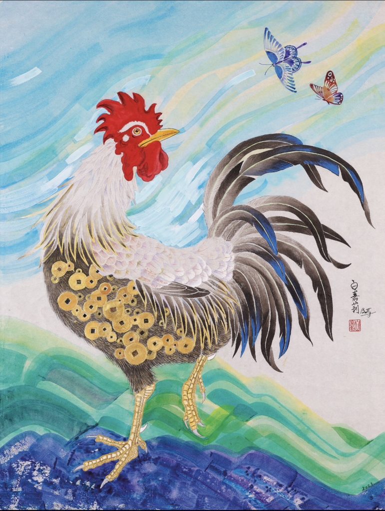▲白嘉莉將在11月展出的作品「富貴吉祥」,特別將錢幣畫在鷄的身上,給人有充滿喜氣與財運的質感。(圖/白嘉莉 提供)