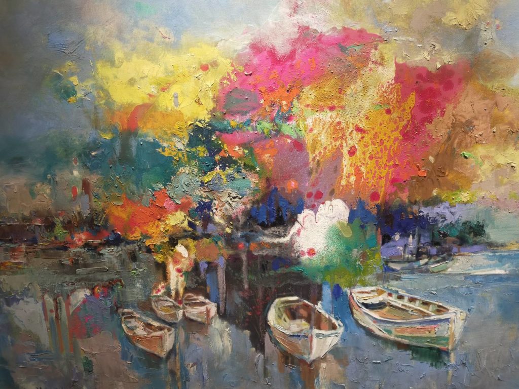▲陳志芬的作品「香格里拉」,呈現色彩在構圖交會上的視覺美感。(記者 辛澎祥/攝)