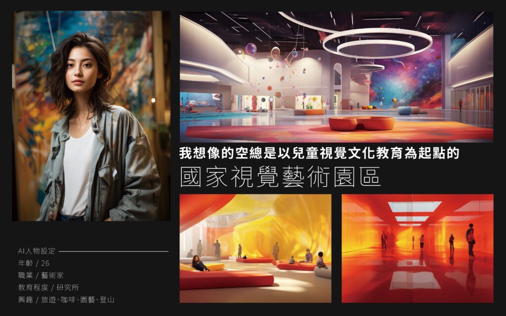 「打開空總_X_AI_多重未來」展覽透過不同的AI虛擬人物參與「空總未來」的建構，例如以兒童視覺教育為起點的國家視覺藝術園區，建築為多彩繽紛的風格。
