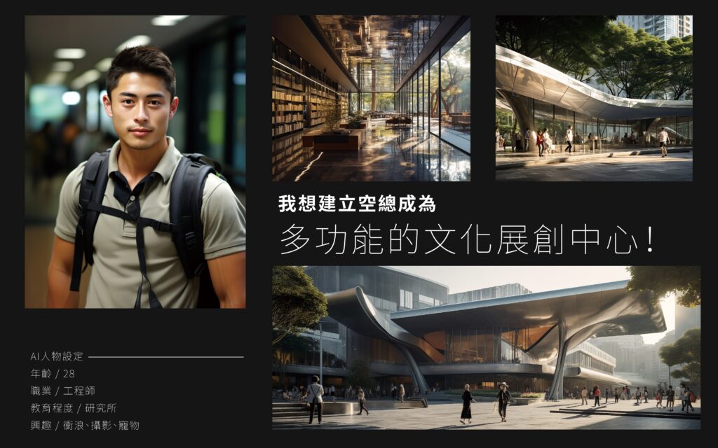 「打開空總_X_AI_多重未來」展覽透過不同的AI虛擬人物參與「空總未來」的建構，例如包含視覺藝術、建築、設計、時尚的多功能文化展創中心。（臺灣當代文化實驗場提供）