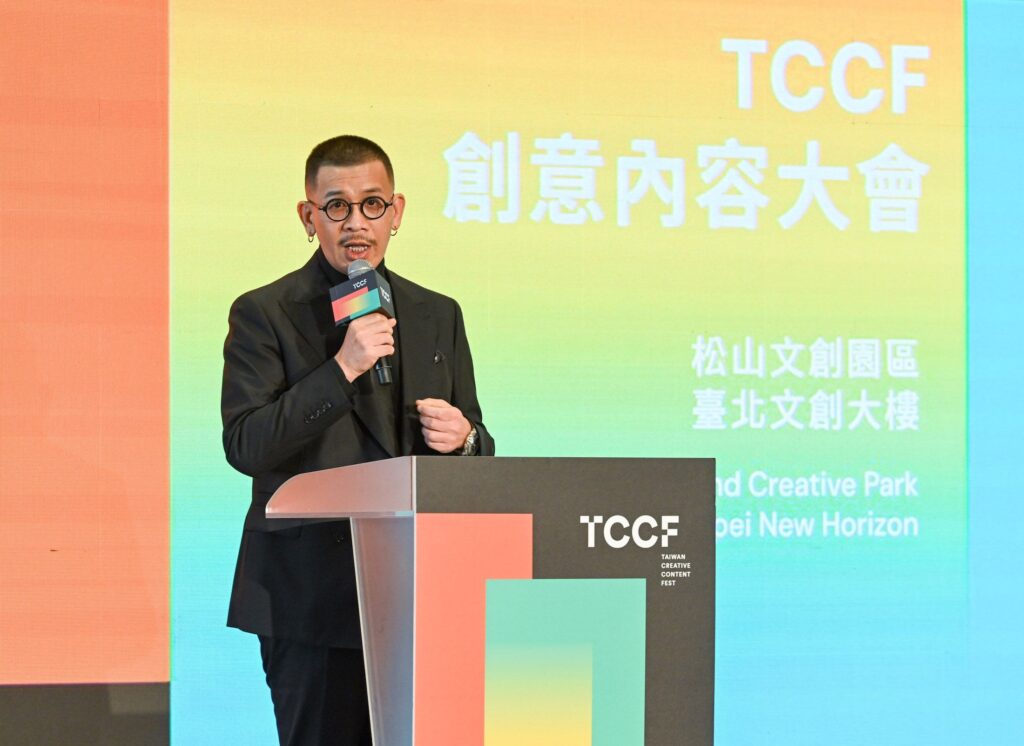 ▲文策院董事長蔡嘉駿說明今年大會的規模創下新例,為臺灣文化創意內容產業帶來正面發展效益。(記者 辛澎祥/攝)