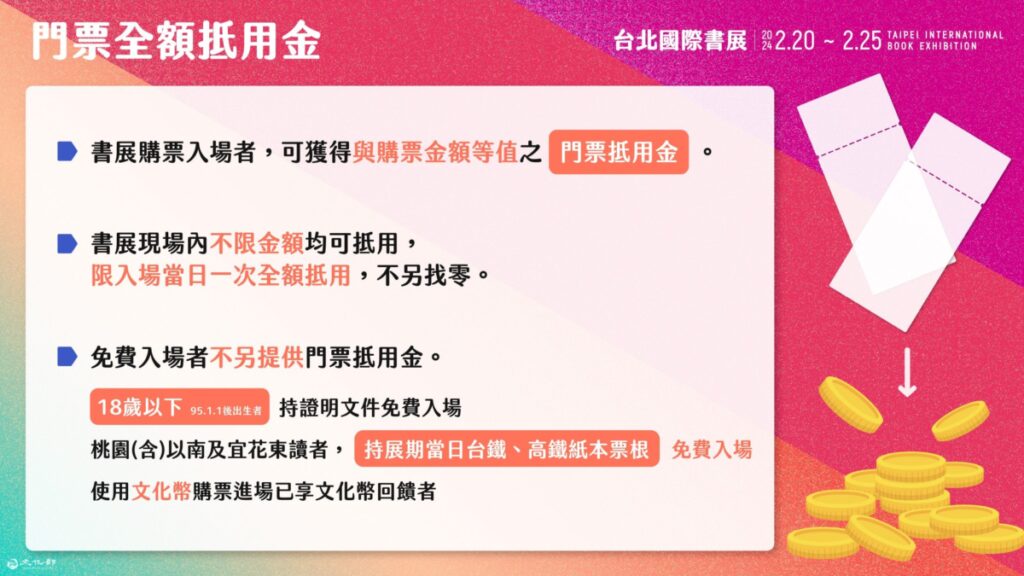 ▲文化部提供的門票全額抵用金,將在台北國際書展使用。(圖/文化部 提供)
