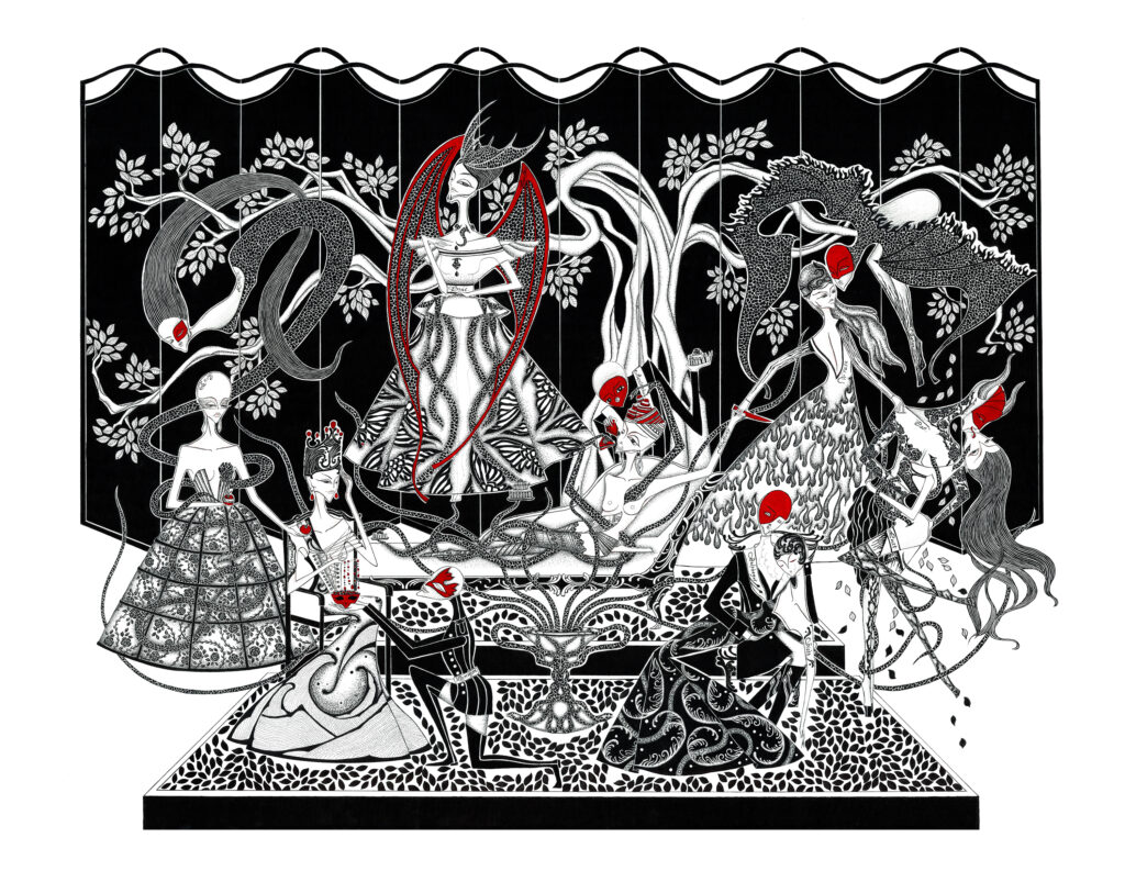 梁秀芬作品《魔鬼誘惑》,媒材為水彩、廣告彩、帶針筆、色鉛筆、水彩紙。(圖/竹美館提供)