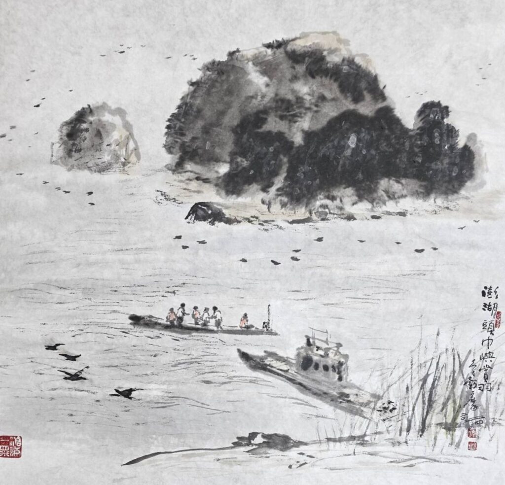 ▲知名水墨畫家李轂摩的「澎湖頭巾嶼」作品，畫境生動且讓觀者有心曠神怡之感。（圖/李轂摩 提供）