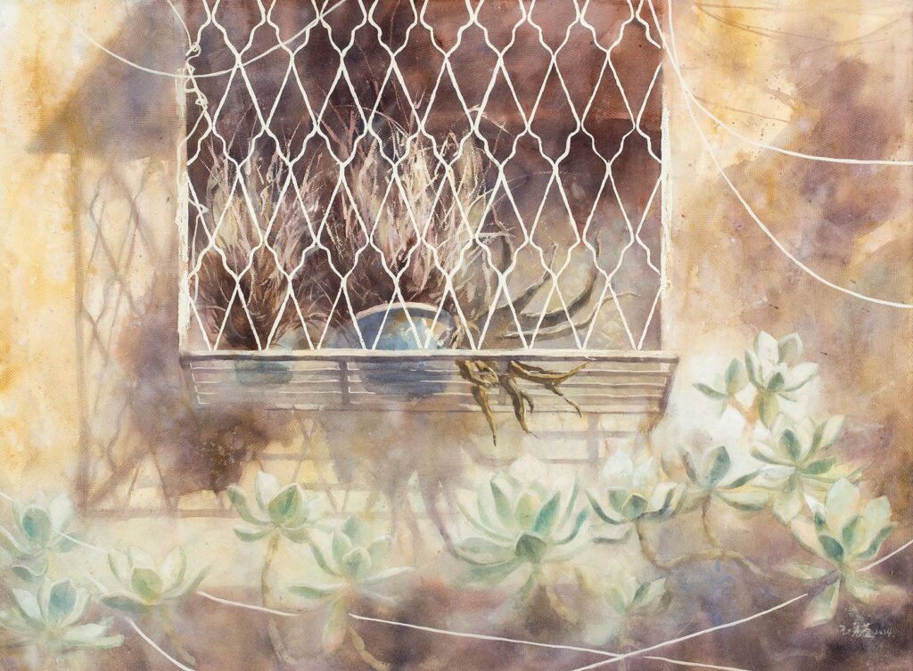 水彩類藝術家王曉萱作品〈舞台〉表現家人的關係。(圖/文化局提供)