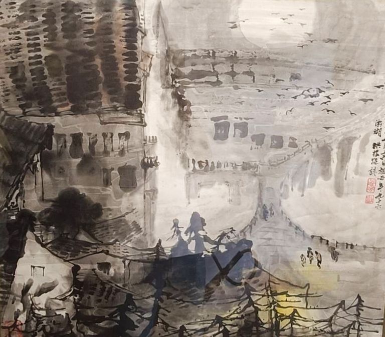 ▲洪根深1971年的作品「弔喪」,展現他水墨畫創作的細膩筆觸與寫實的現代主義畫風。(記者 辛澎祥/攝)