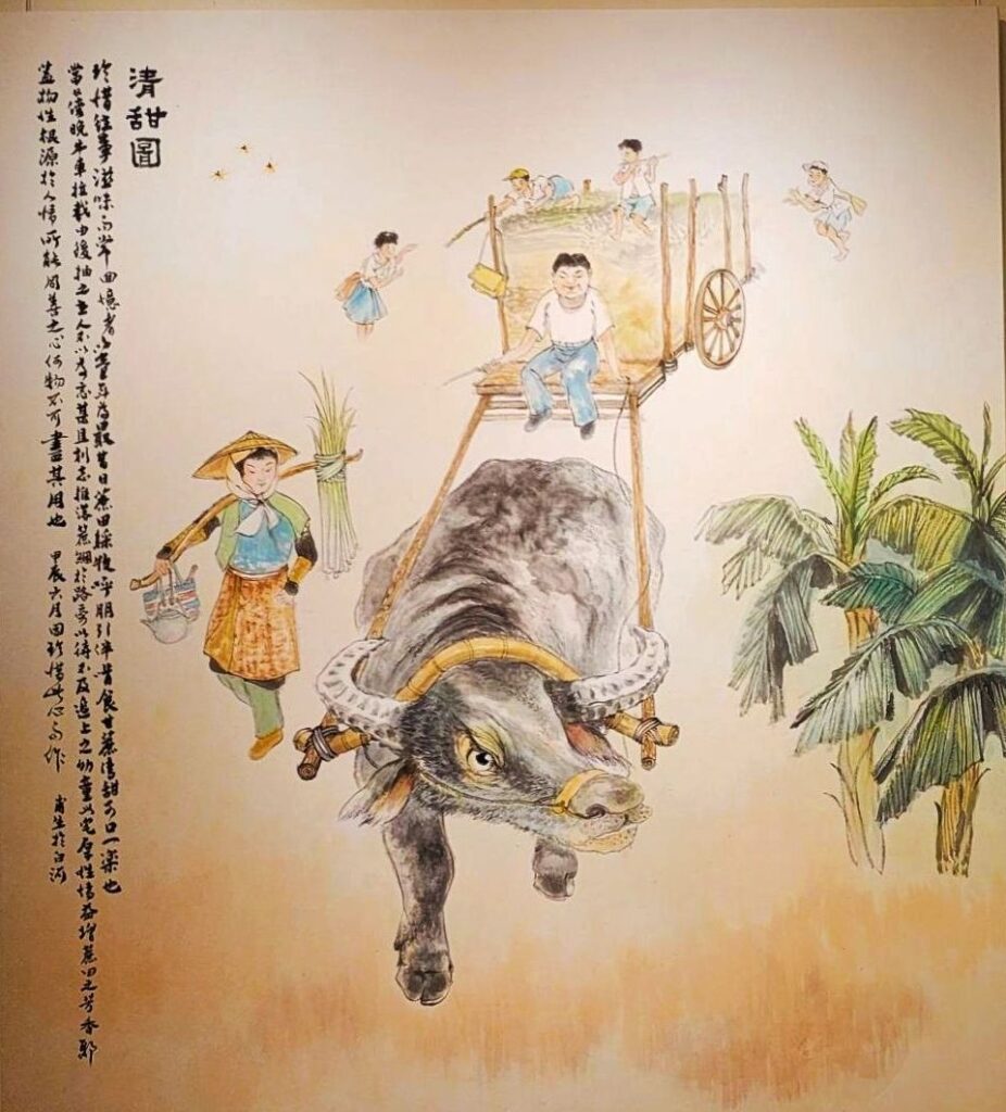 ▲童年的農家情景回憶,林文嶽老師的水墨畫作品「清甜圖」,饒富雅趣且打動人心。(記者 辛澎祥/攝)