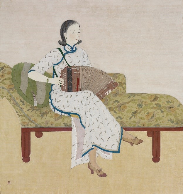 陳進《悠閒》，1935，膠彩、絹本，152 × 169.2公分，臺北市立美術館典藏。（圖/臺北市立美術館提供）
