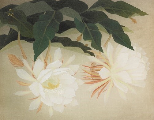 林之助《曇花》，1976，膠彩、絹本，32 × 41公分，國立臺灣美術館典藏。