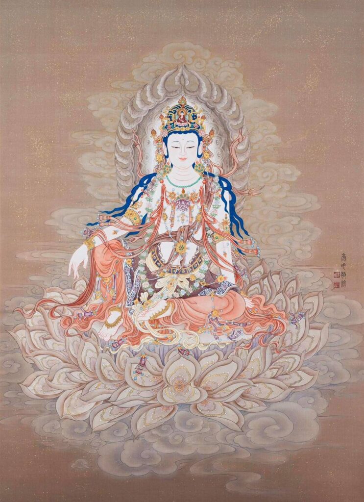 ▲林亮吟將法海寺的水月觀音，依「佛曰造像量度經」之儀軌準做繪圖，並強調佛畫是承載信仰，是形而上的東方美學，這幅作品於2015年獲台南美展台南奬，作品受台南文化中心典藏。（圖/林亮吟 提供）