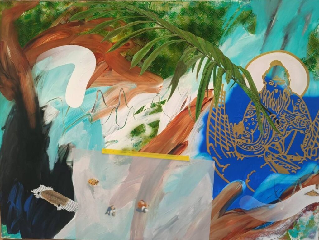 ▲參展作品中,藝術家在畫面交融的創作中,色彩與媒材間的牽引,具有讓觀者視野延伸之感。(記者 辛澎祥/攝)