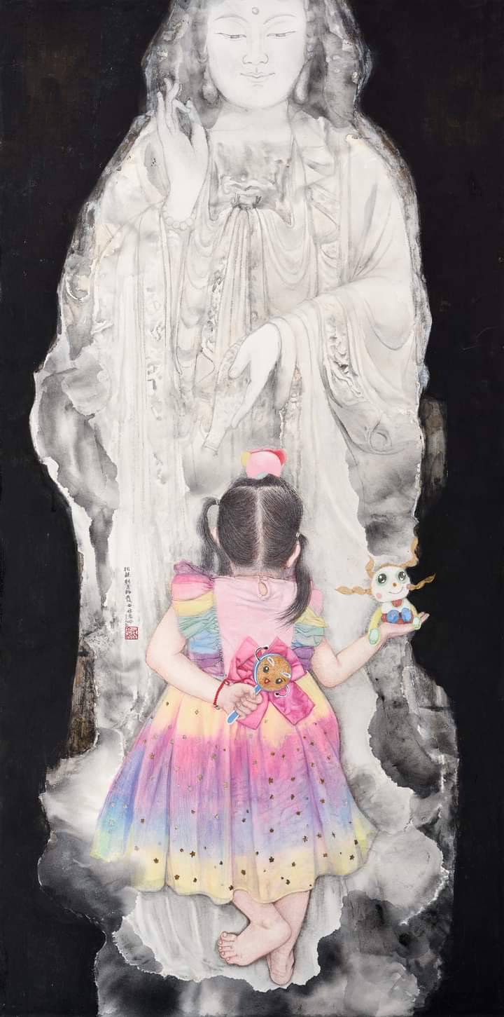 ▲林亮吟佛畫作品「初發心」，圖中小女孩將她心愛的玩具以虔誠之心敬獻給她心中慈悲善護佑的觀音菩薩，令人十分感動。（圖/林亮吟 提供）