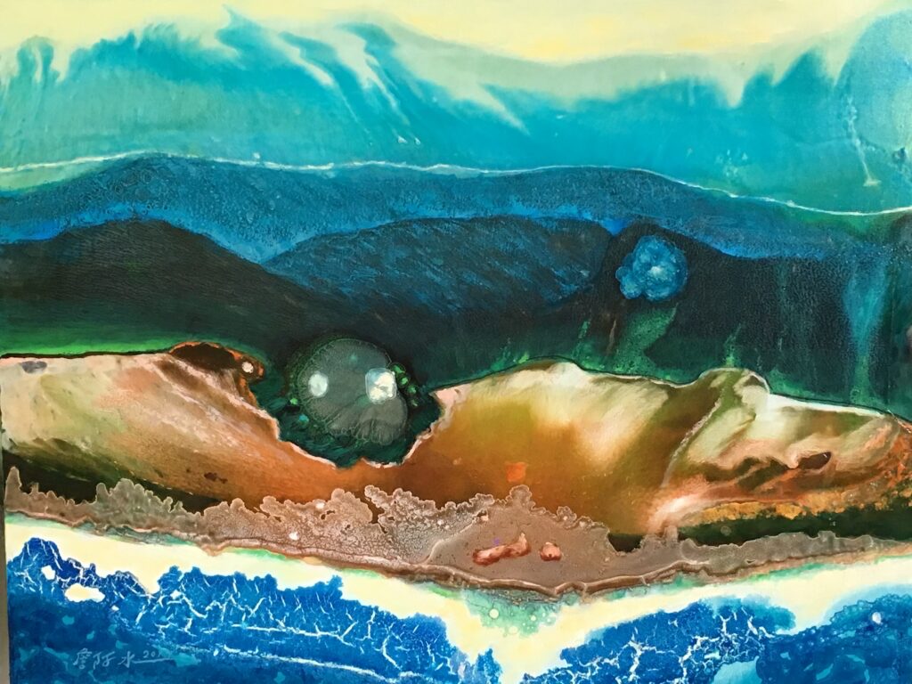 知名油畫家詹阿水的水中作畫的作品「煙曉清嵐」。(圖/大媒體新聞網提供)