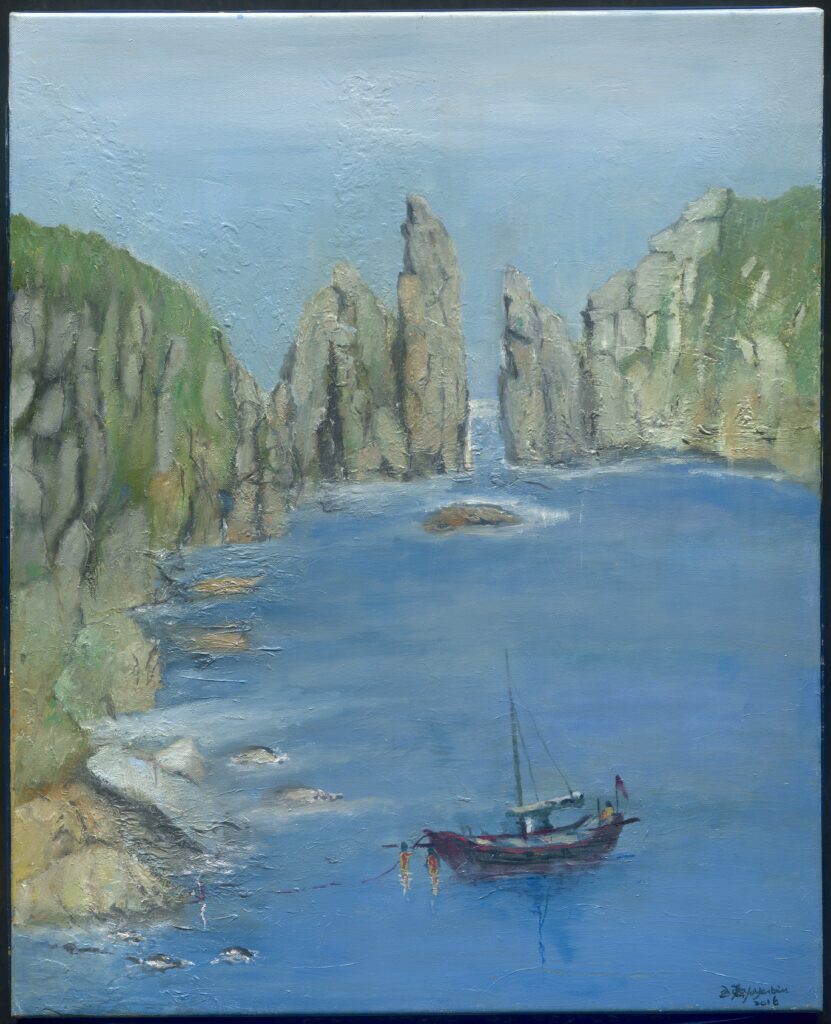 油畫家劉玉燕的油畫作品「海上看東引」。（圖/大媒體新聞網提供）